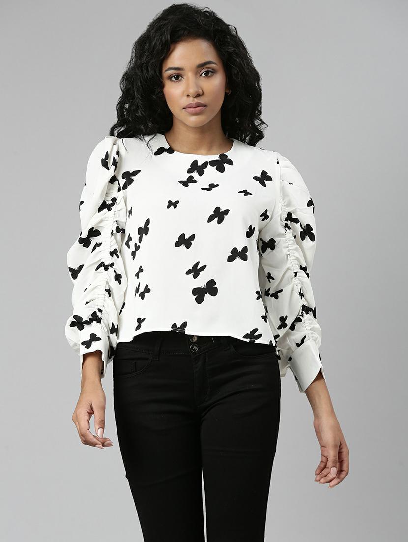 women quirly printed puff sleeves cropped top  - 20610670 -  Zoom Image - 0