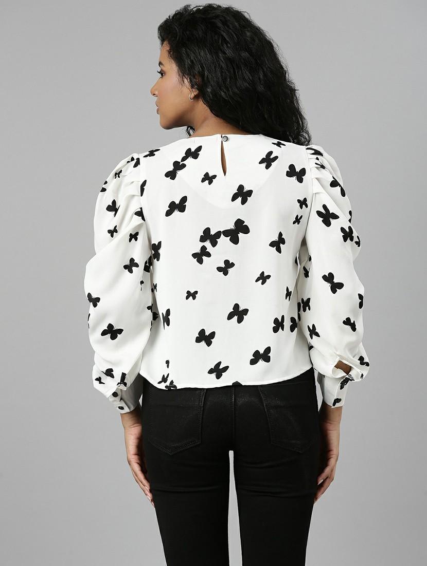 women quirly printed puff sleeves cropped top - 20610670 - Standard Image - 2