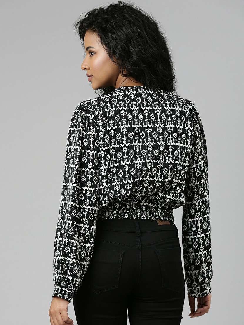 black printed blouson crop top - 20610671 -  Standard Image - 2