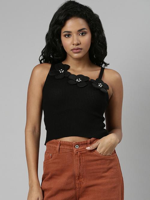 black asymmetric applique detailed crop top - 20610674 - Standard Image - 0