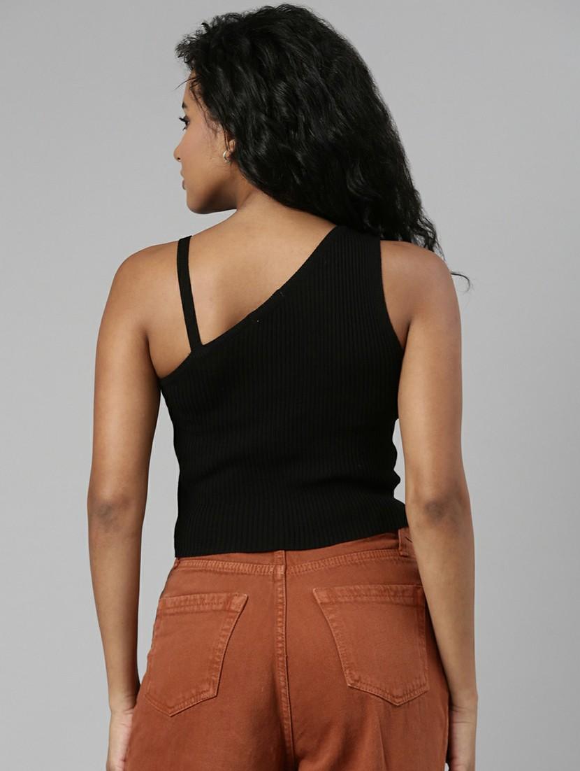 black asymmetric applique detailed crop top - 20610674 - Standard Image - 2