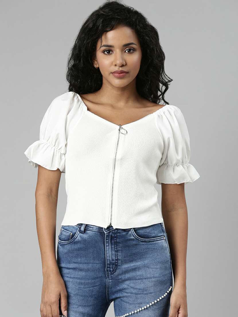 solid white zipper detailed casual top