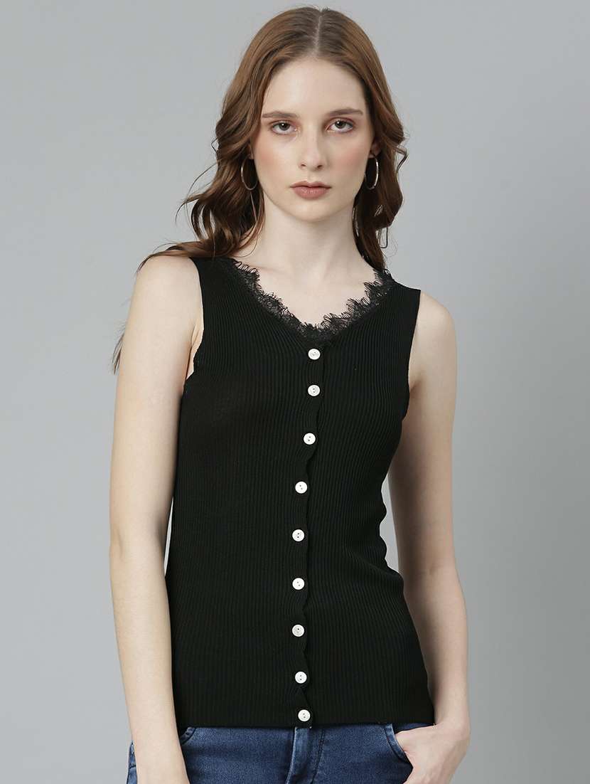 solid black button detailed casual top