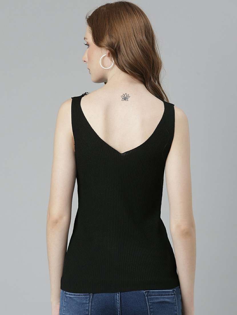 solid black button detailed casual top - 20610676 -  Standard Image - 2