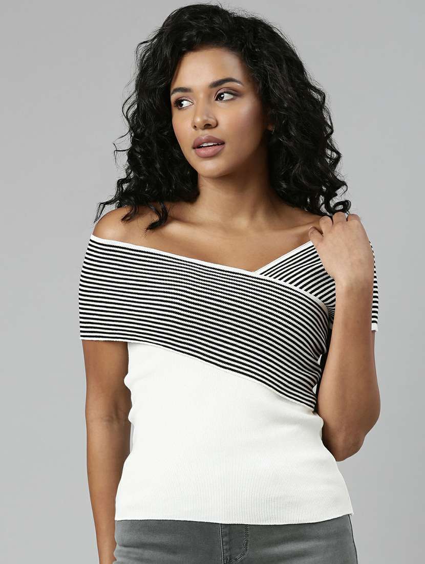 off white striped detailed off shoulder regular top