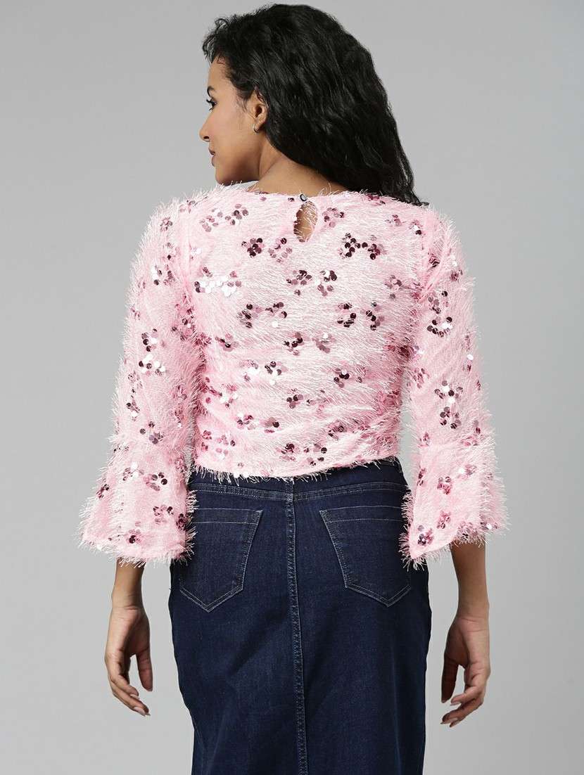 pink sequins detailed casual crop top - 20610679 -  Standard Image - 2