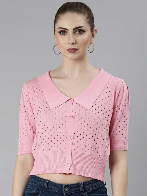 solid pink self design button detailed regular short top - 20610681 - Standard Image - 0