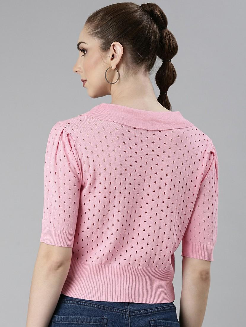 solid pink self design button detailed regular short top - 20610681 - Standard Image - 2