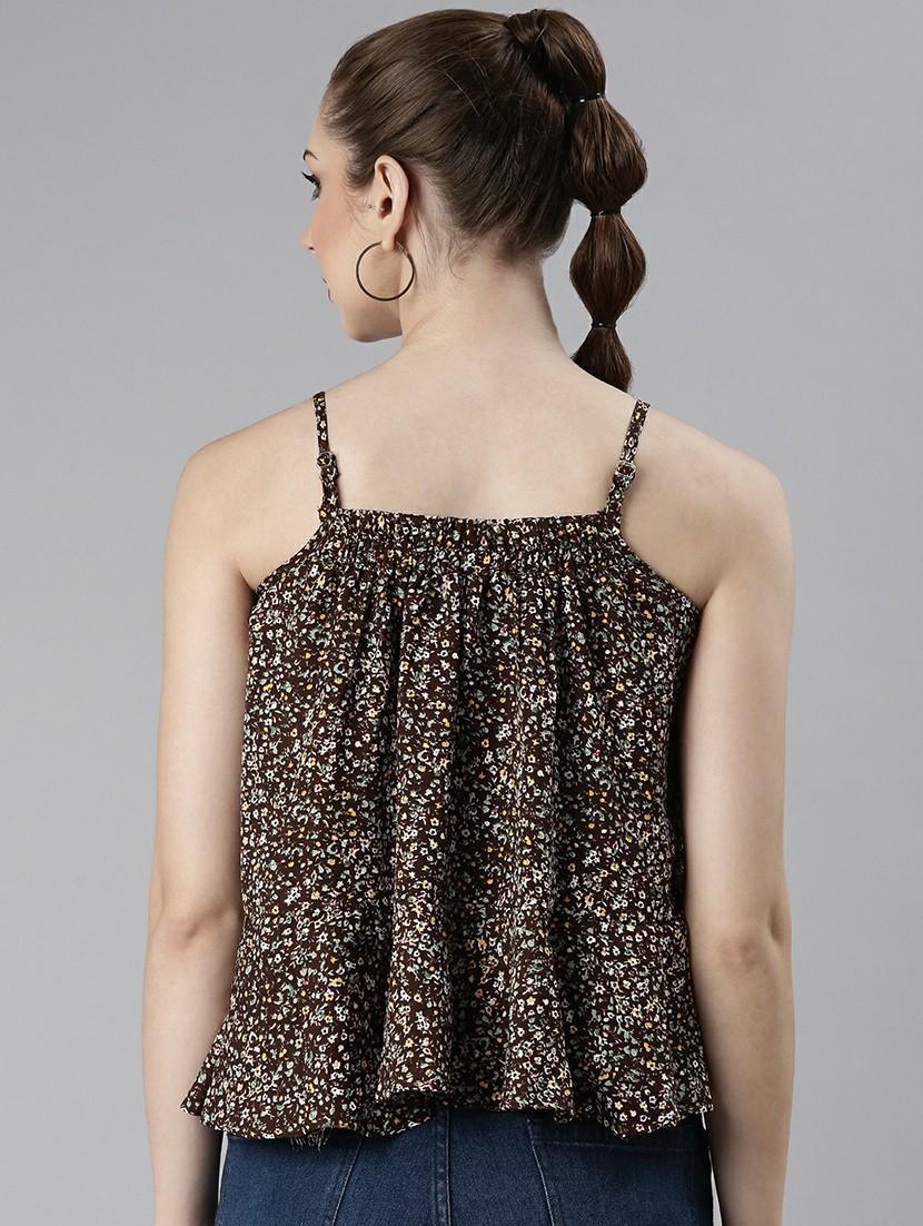 brown floral printed front layered detail casual top - 20610684 - Standard Image - 2