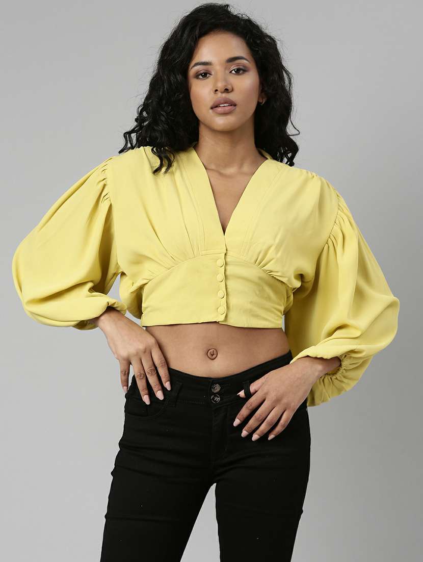 solid yellow blouson crop top