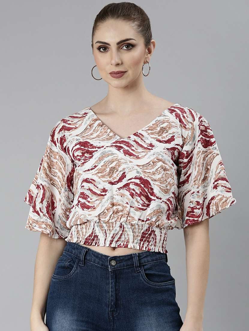 white printed smocked detailed blouson crop top