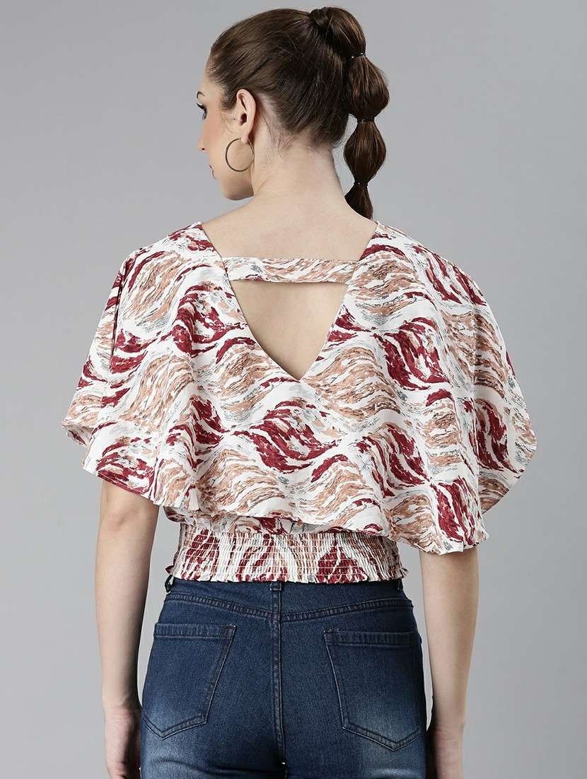 white printed smocked detailed blouson crop top - 20610687 -  Standard Image - 2