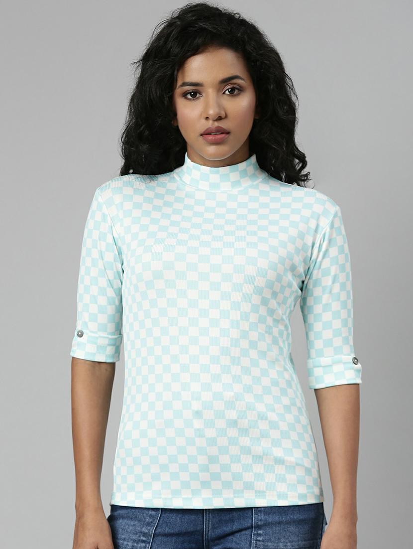 light blue & white checked high neck casual top - 20610692 - Zoom Image - 0