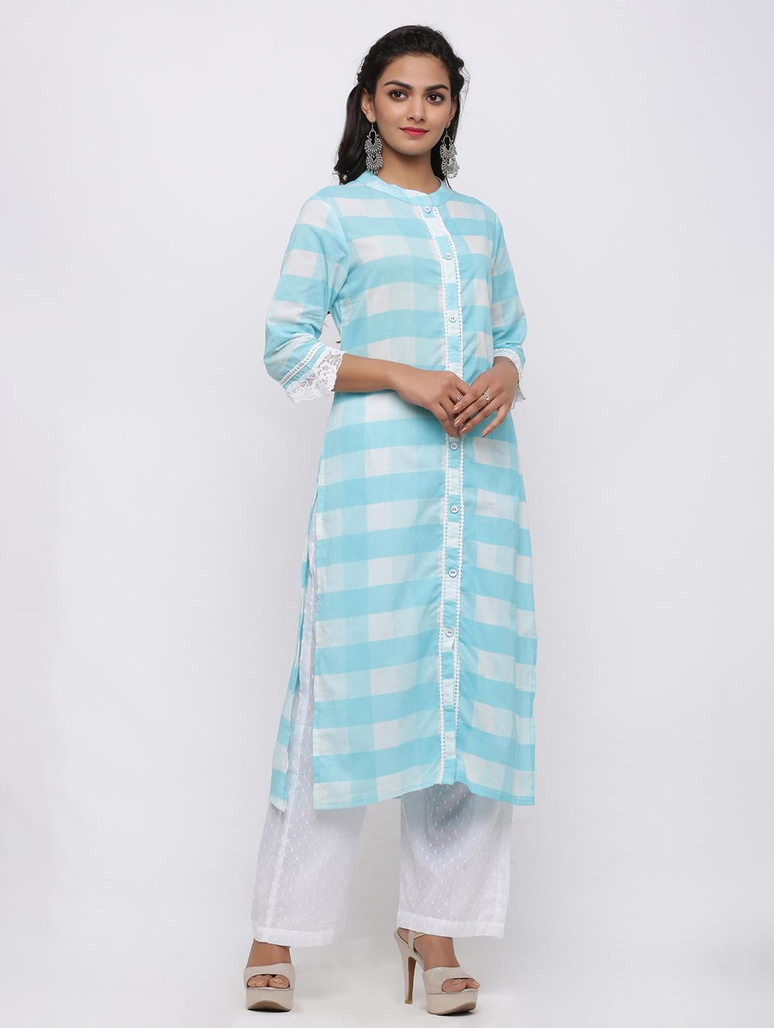 women light blue mandarin neck kurta palazzo sets - 20610947 - Standard Image - 2