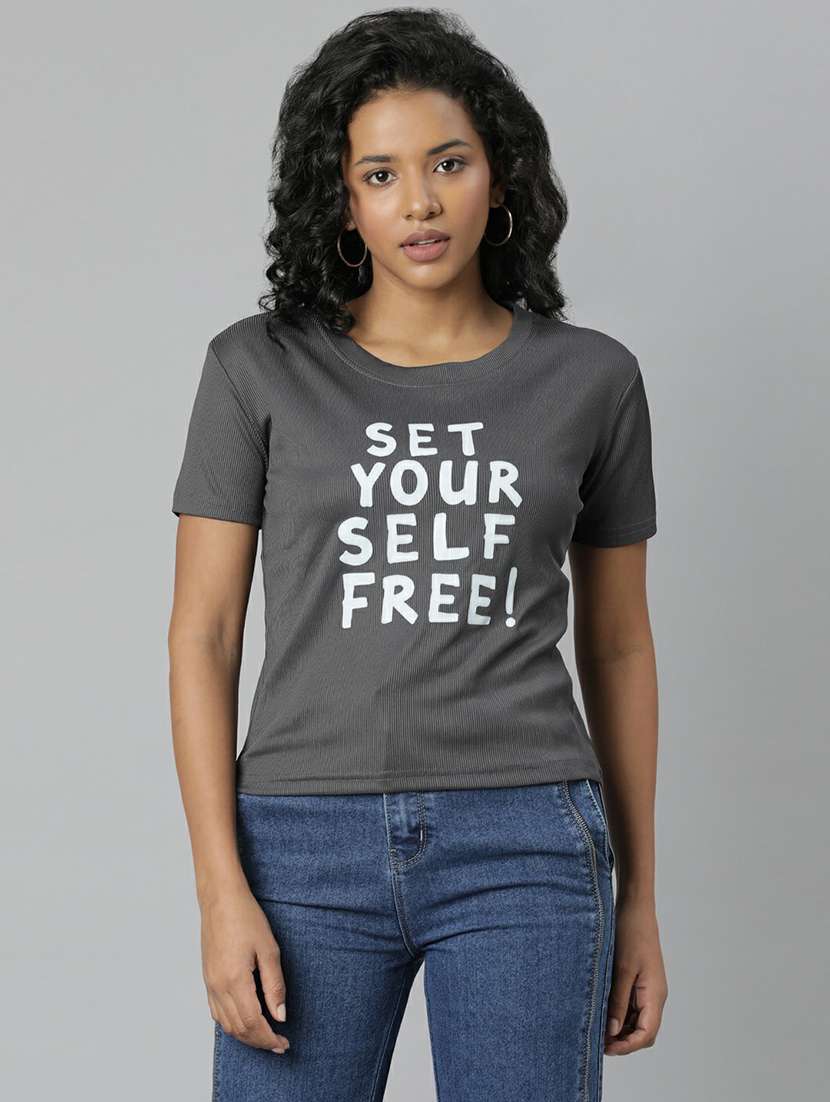 women grey typographic crop t-shirt