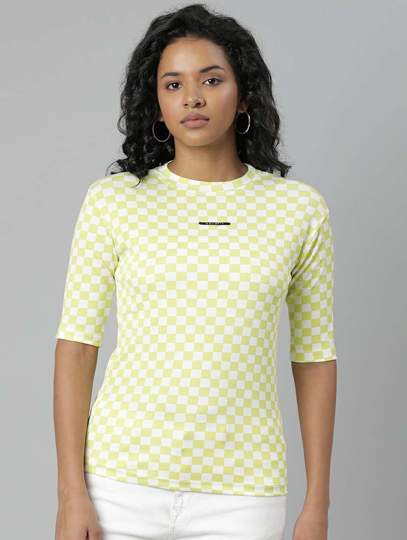 women yellow & white checkered t-shirt