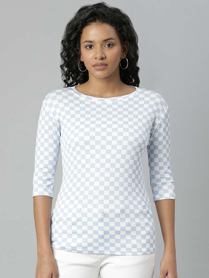 women blue & white checkered t-shirt
