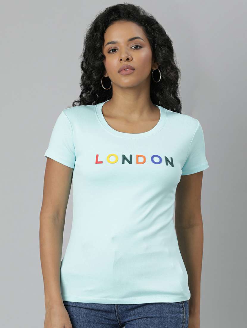women light blue cotton chest print t-shirt
