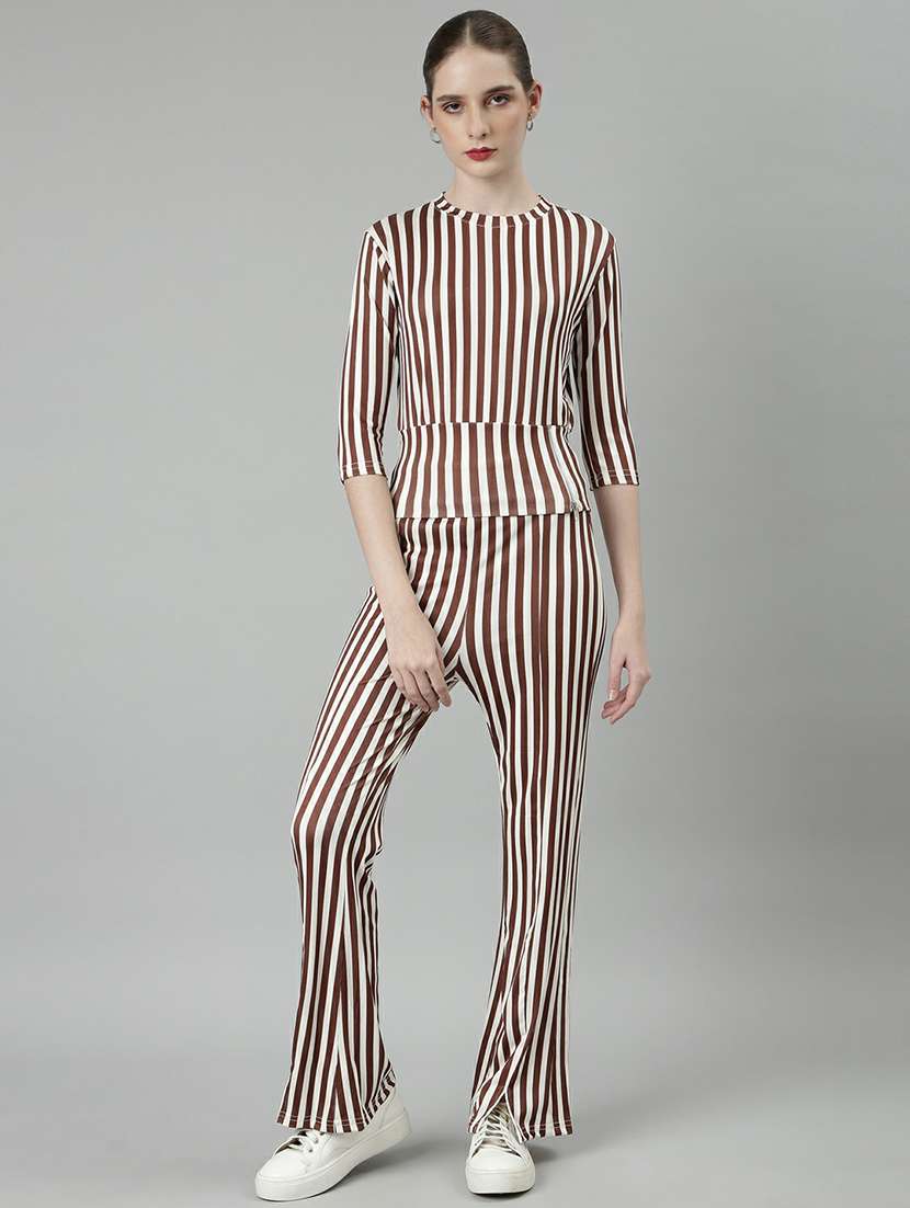 women brown & white striped top and trouser set 