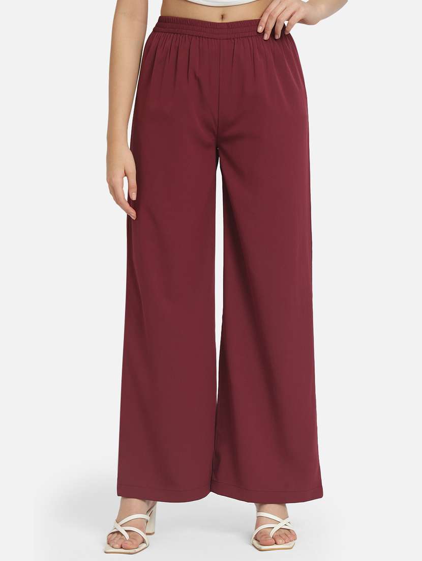 women maroon crepe solid palazzo