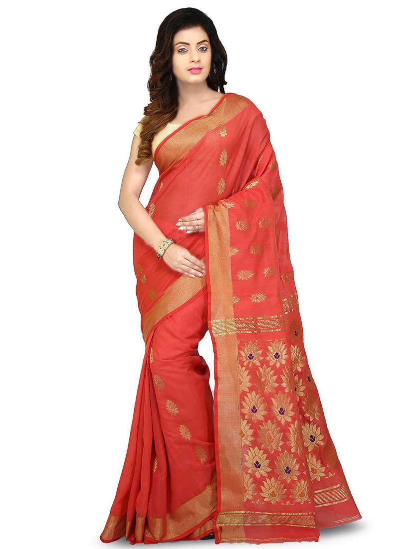 women's floral red colored saree with blouse