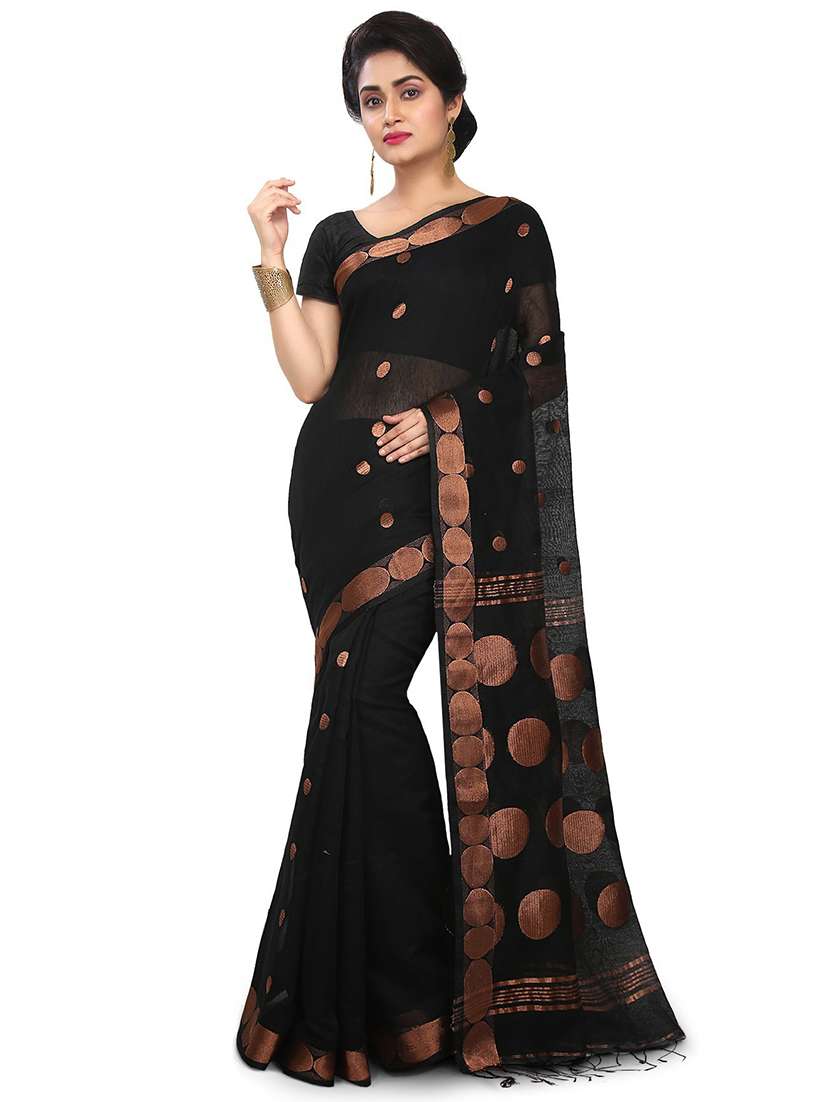 women black polka dots printed saree with blouse