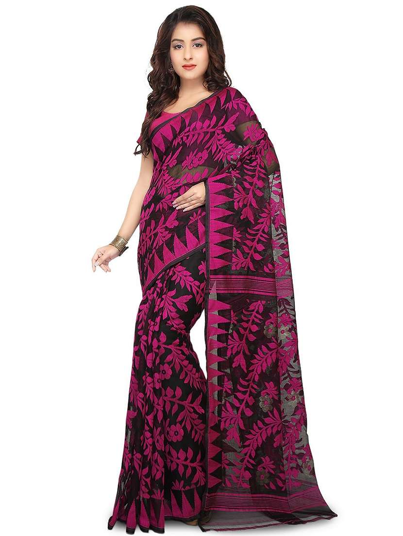 women black & pink jamdani saree with blouse - 20613984 - Zoom Image - 0