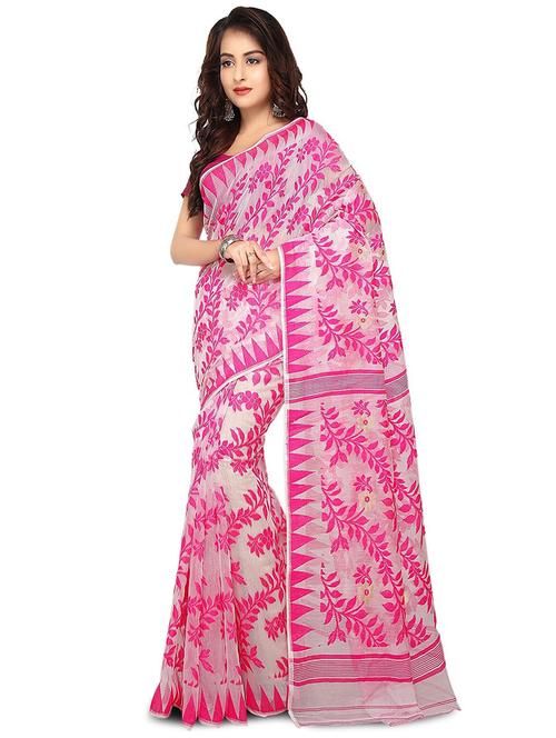 women pink self design jamdani saree with blouse - 20613986 - Standard Image - 0