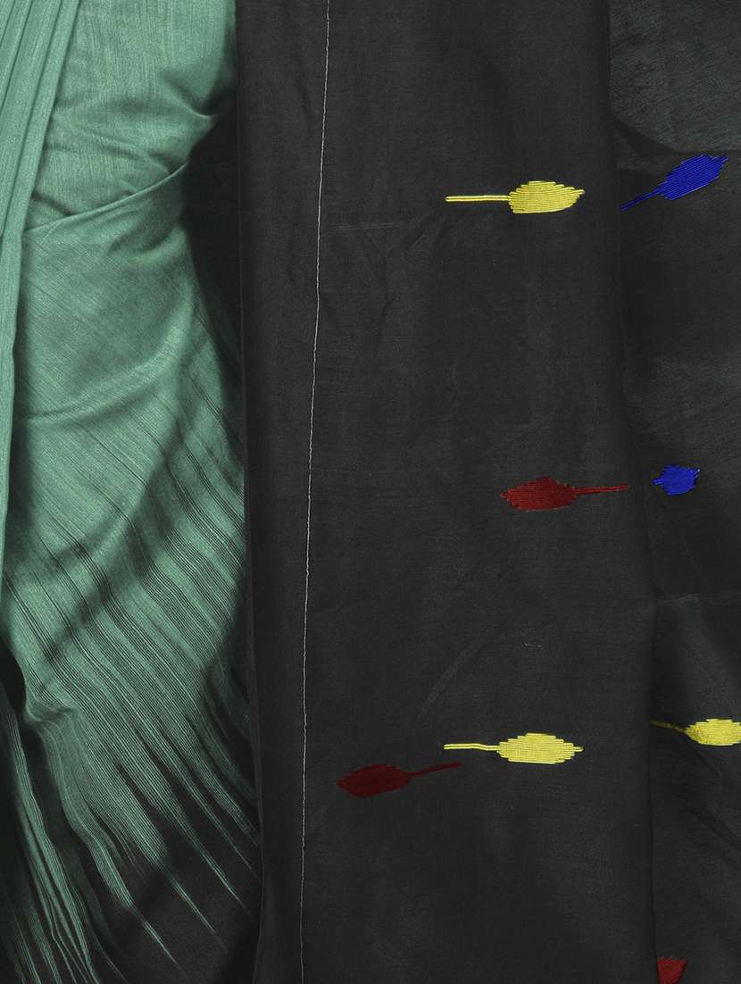 sea green & black self design handloom saree with blouse - 20613989 - Standard Image - 2