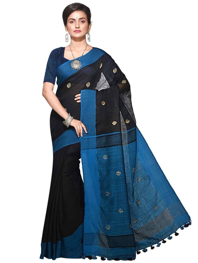 women black & blue self design handloom saree with blouse