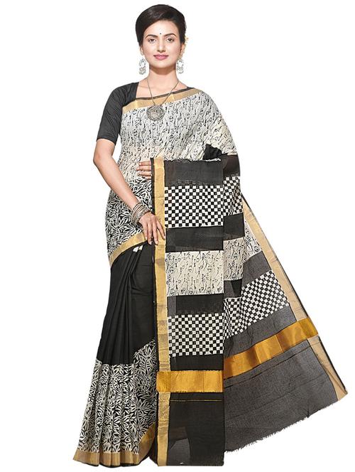 women white & black handloom saree with blouse - 20614017 - Standard Image - 0