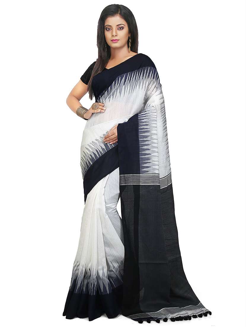 women's printed white colored saree with blouse