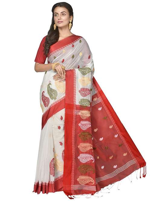 women's solid with work white colored saree with blouse - 20614035 -  Standard Image - 0