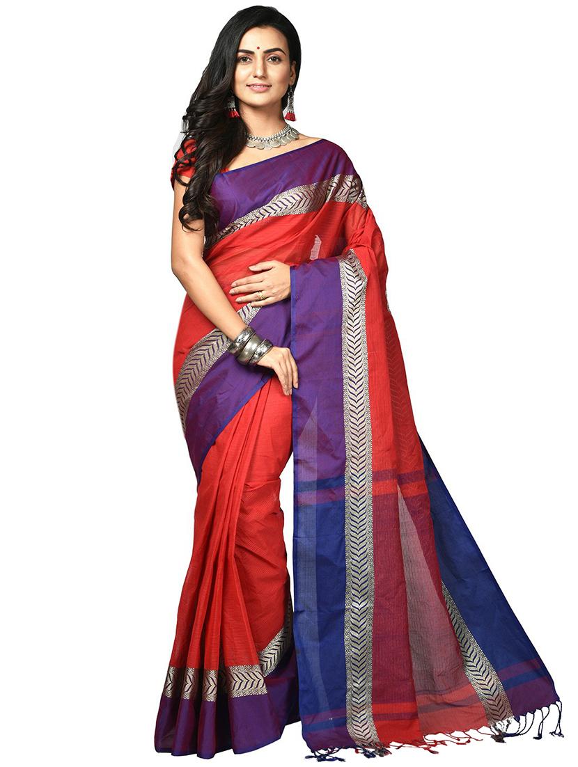 women red solid bordered saree with blouse - 20614042 - Zoom Image - 0
