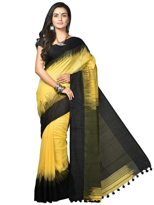 women yellow solid bordered saree with blouse - 20614044 - Standard Image - 0