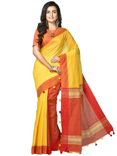 women yellow & orange self design handloom saree with blouse - 20614049 - Standard Image - 0