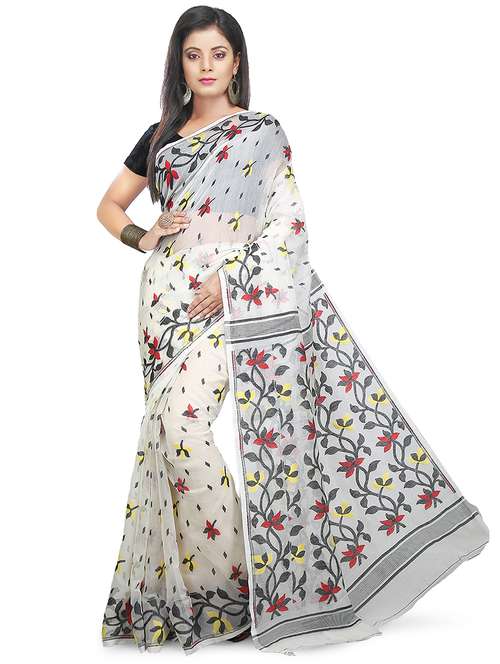 women white self design jamdani saree with blouse - 20614055 -  Standard Image - 0