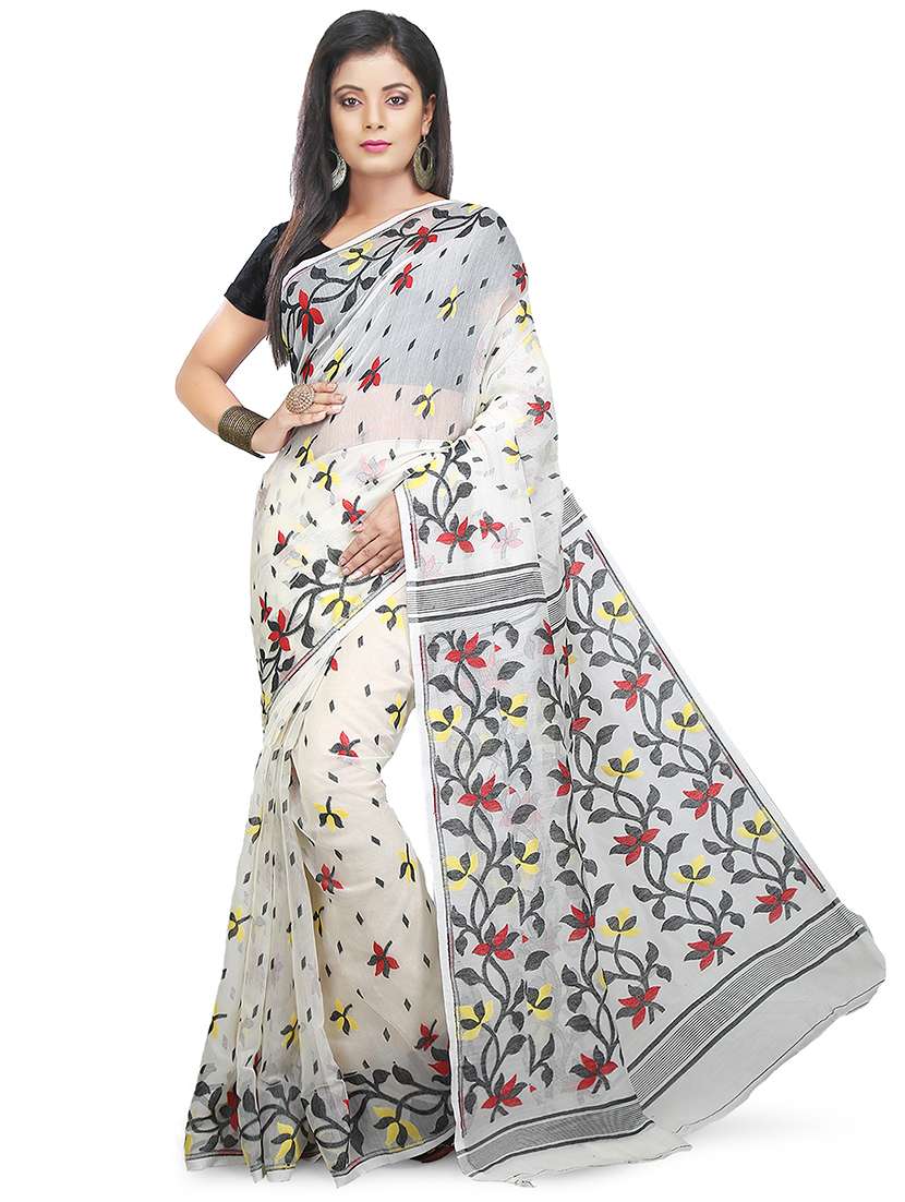 women white self design jamdani saree with blouse - 20614055 -  Zoom Image - 0