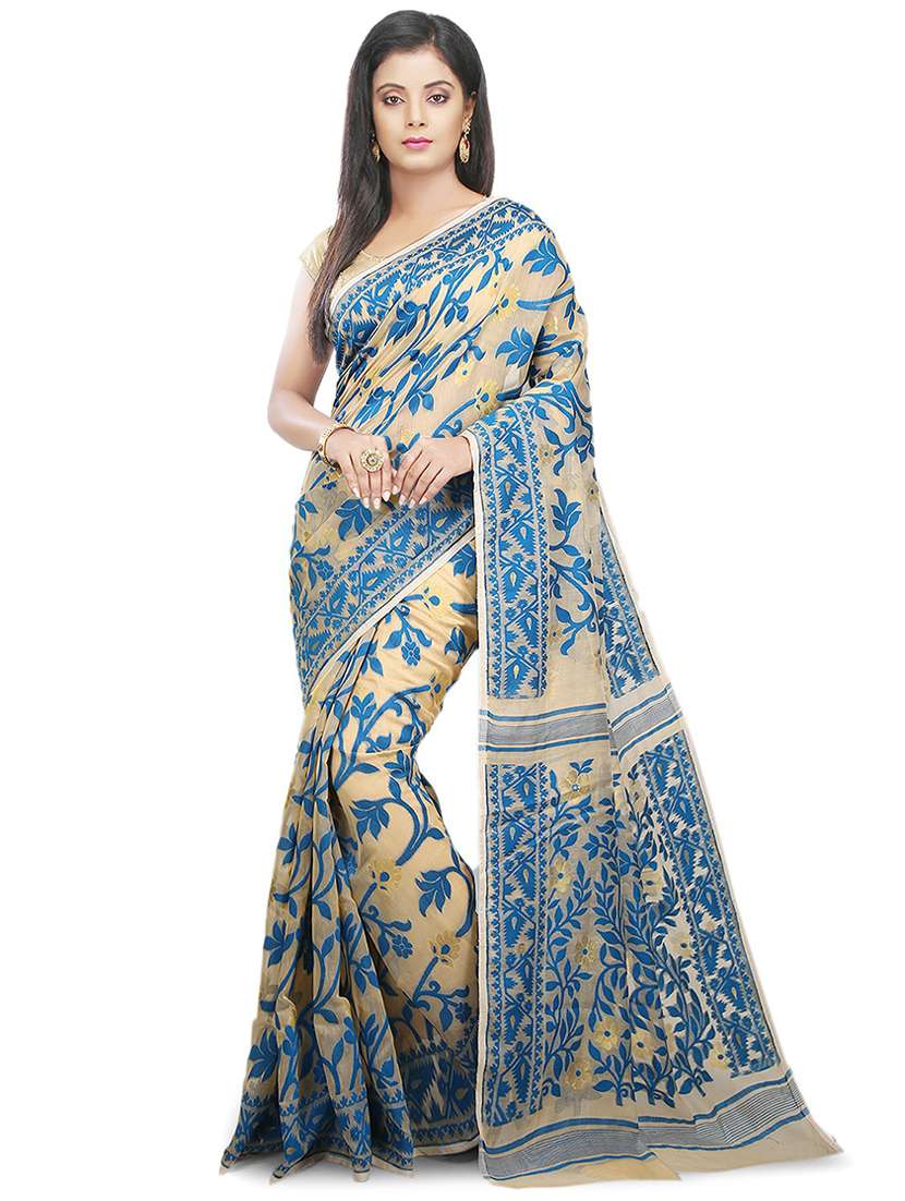 women beige self design jamdani saree with blouse - 20614057 - Zoom Image - 0
