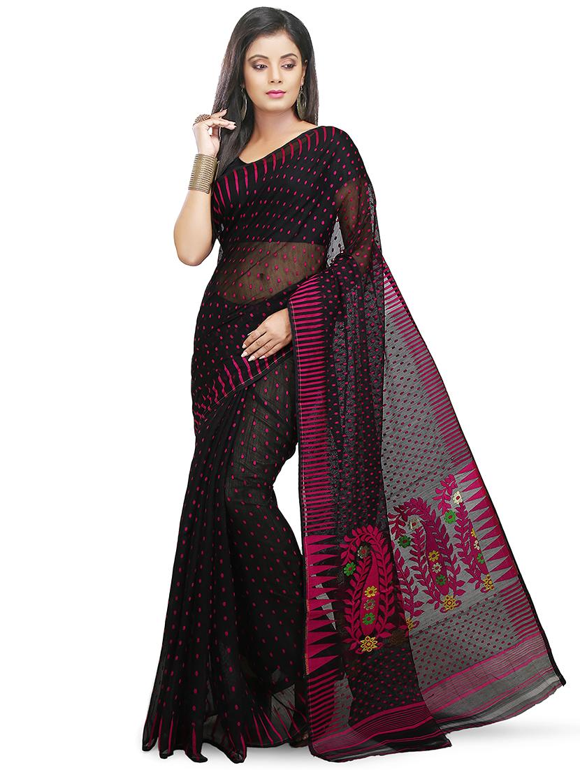 women black self design jamdani saree with blouse - 20614058 - Zoom Image - 0