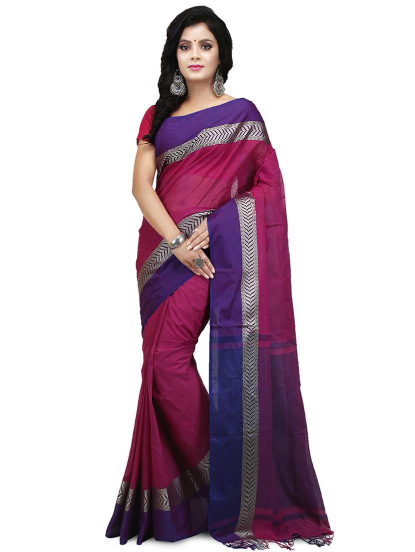 women purple solid bordered saree with blouse
