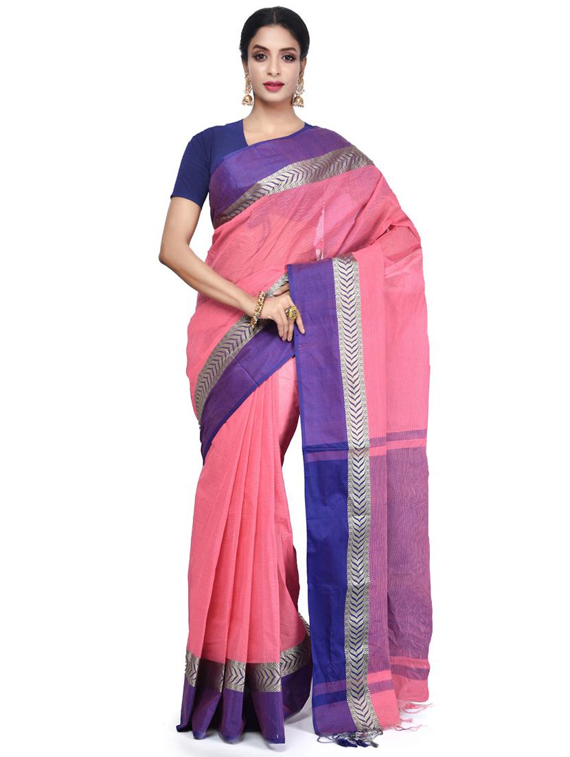 women pink solid bordered saree with blouse - 20614083 - Zoom Image - 0