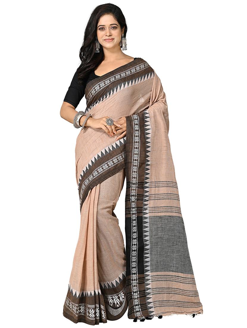 beige self design handloom saree with blouse - 20614110 - Zoom Image - 0