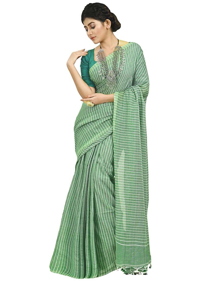 women green stripes handloom saree with blouse