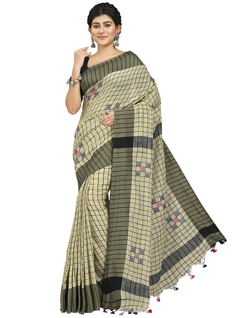beige checkered handloom saree with blouse - 20614125 - Zoom Image - 0