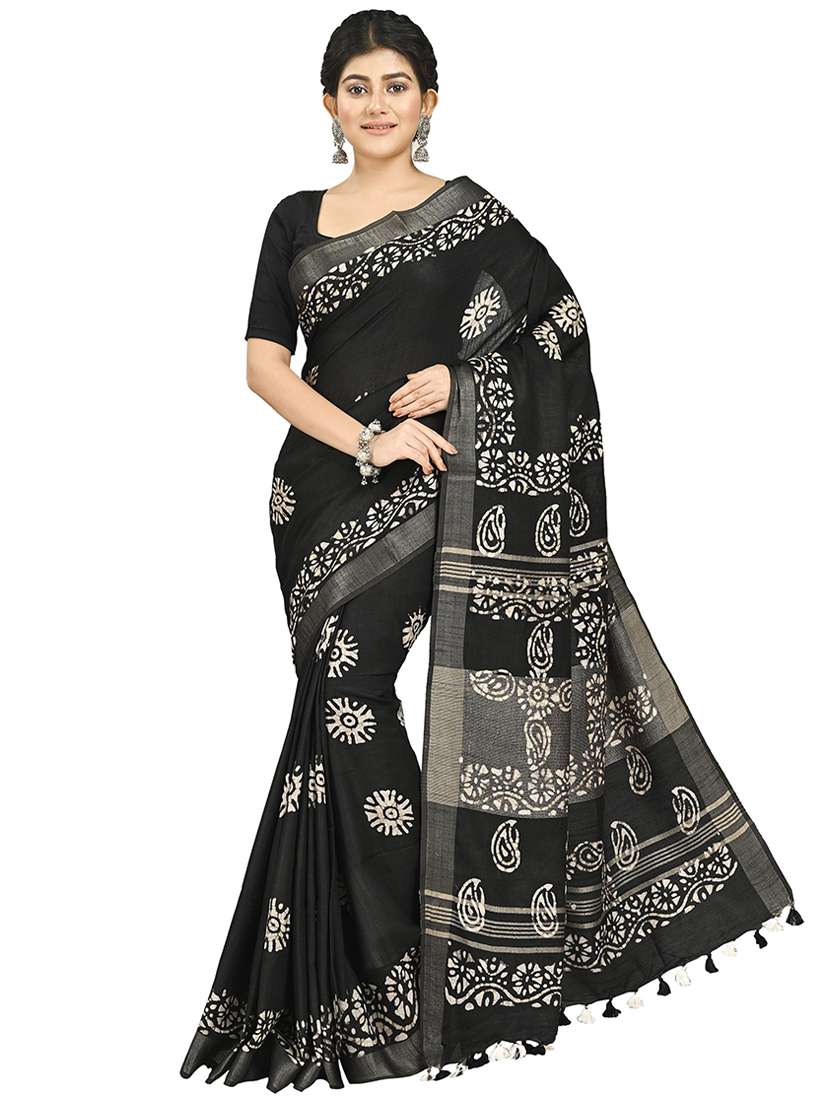 women's batik black colored saree with blouse