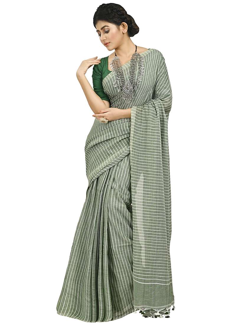 women grey stripes handloom saree with blouse