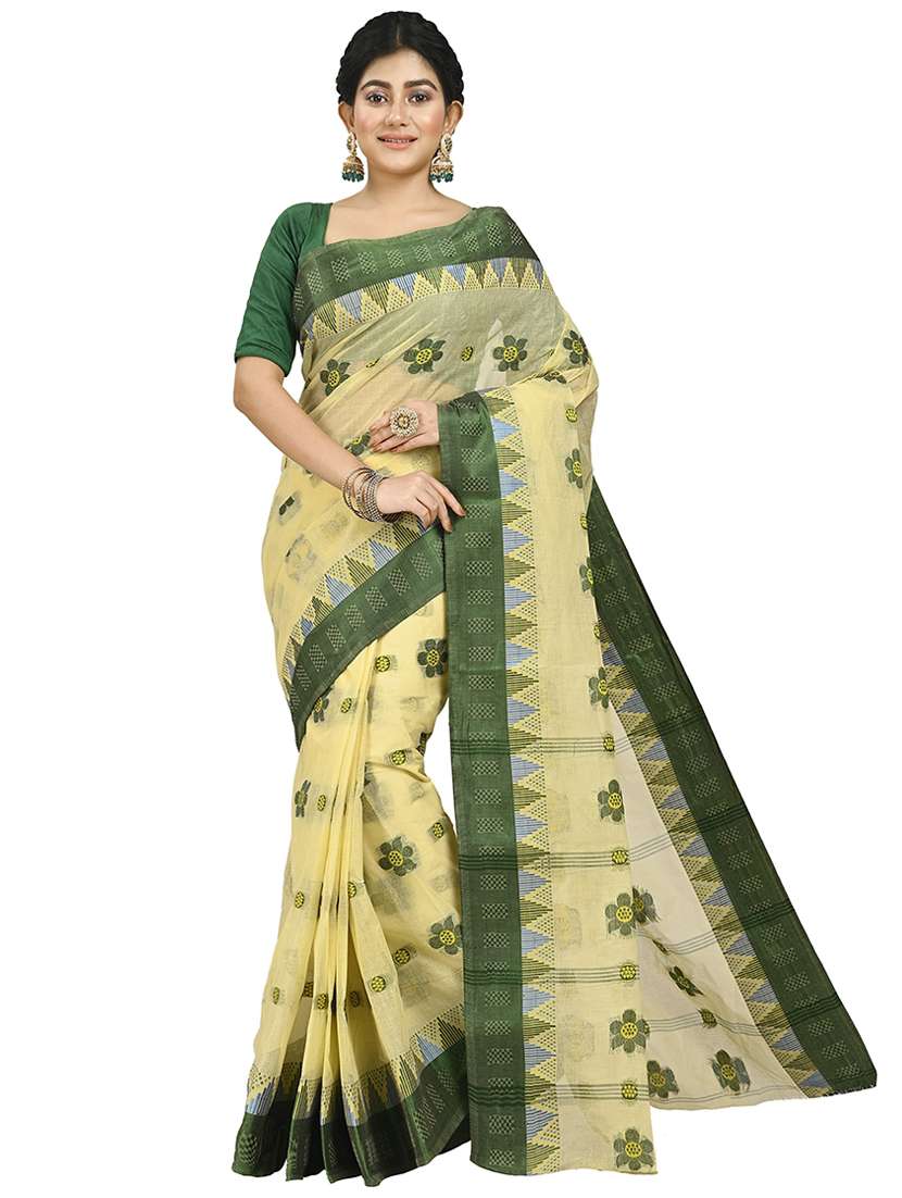 women yellow self design handloom saree with blouse - 20614133 - Zoom Image - 0