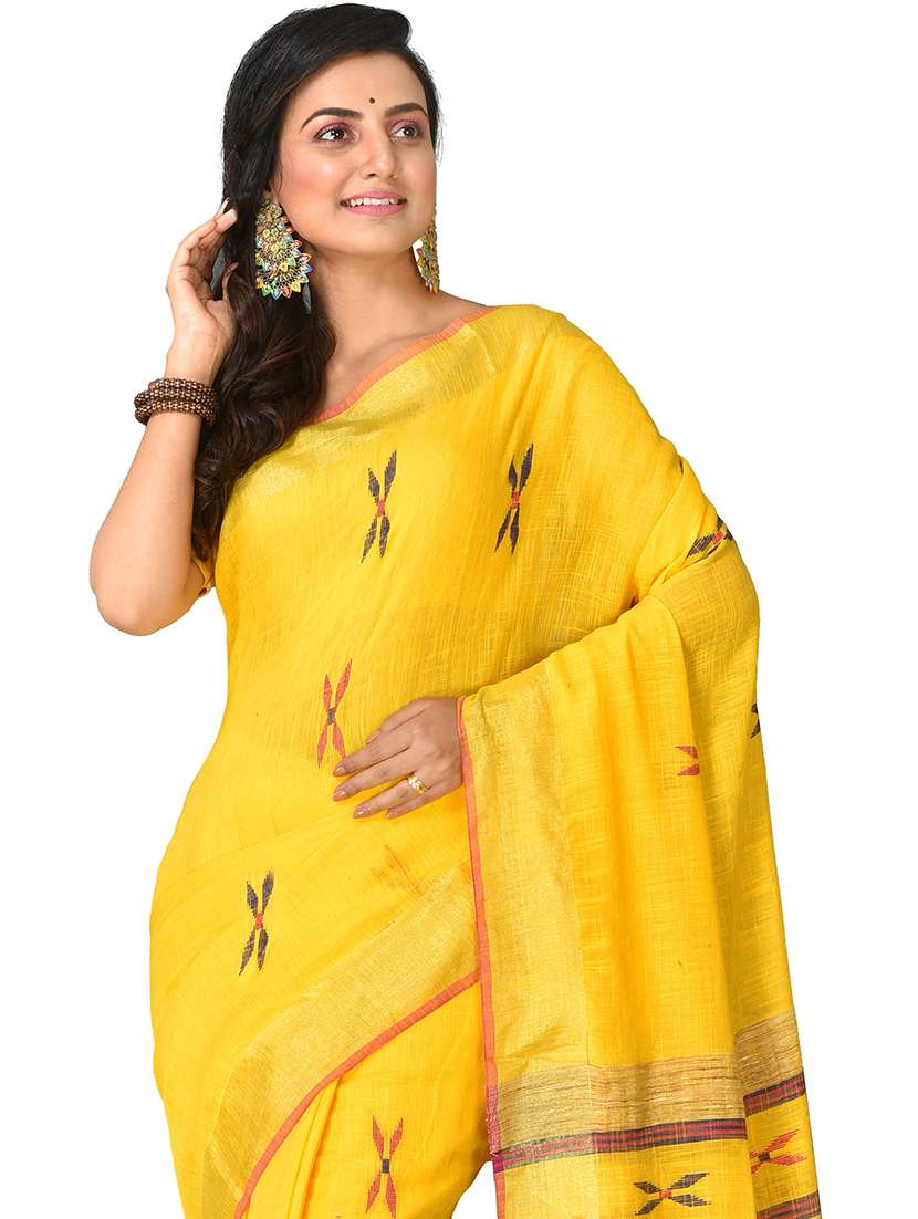 women yellow self design handloom saree with blouse - 20614148 -  Standard Image - 2