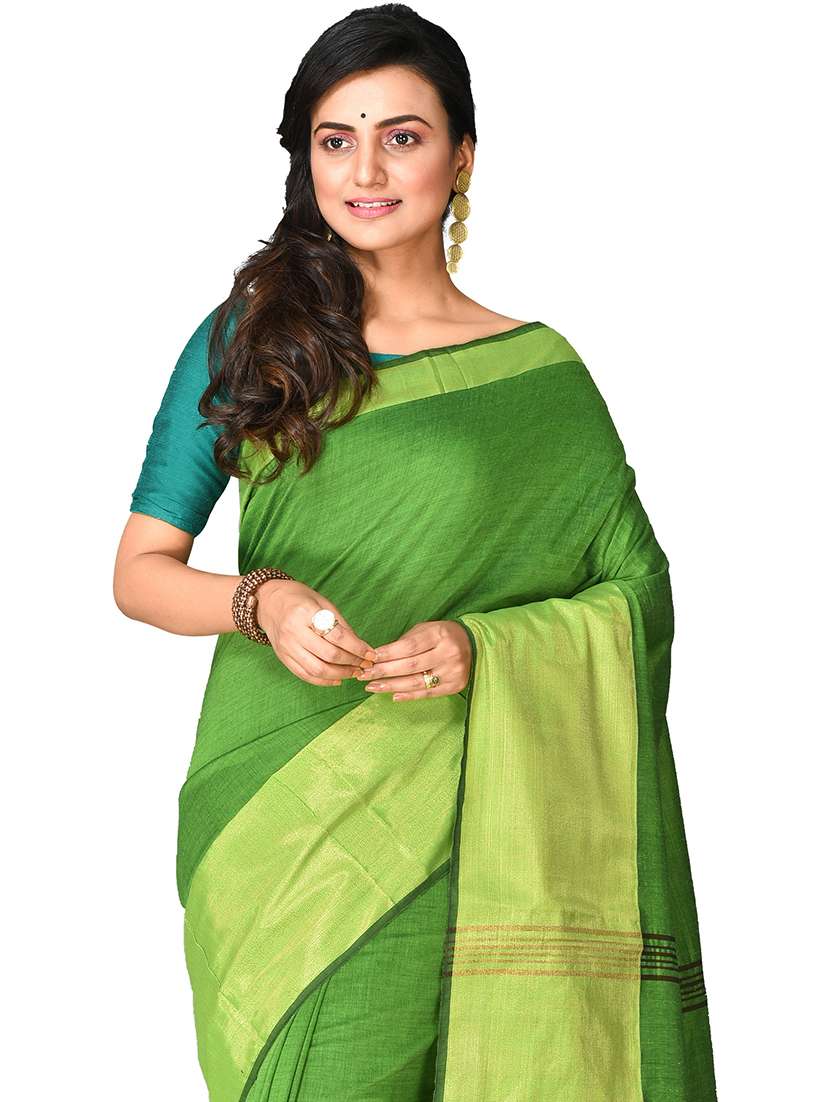 women green solid bordered saree with blouse - 20614156 -  Standard Image - 2